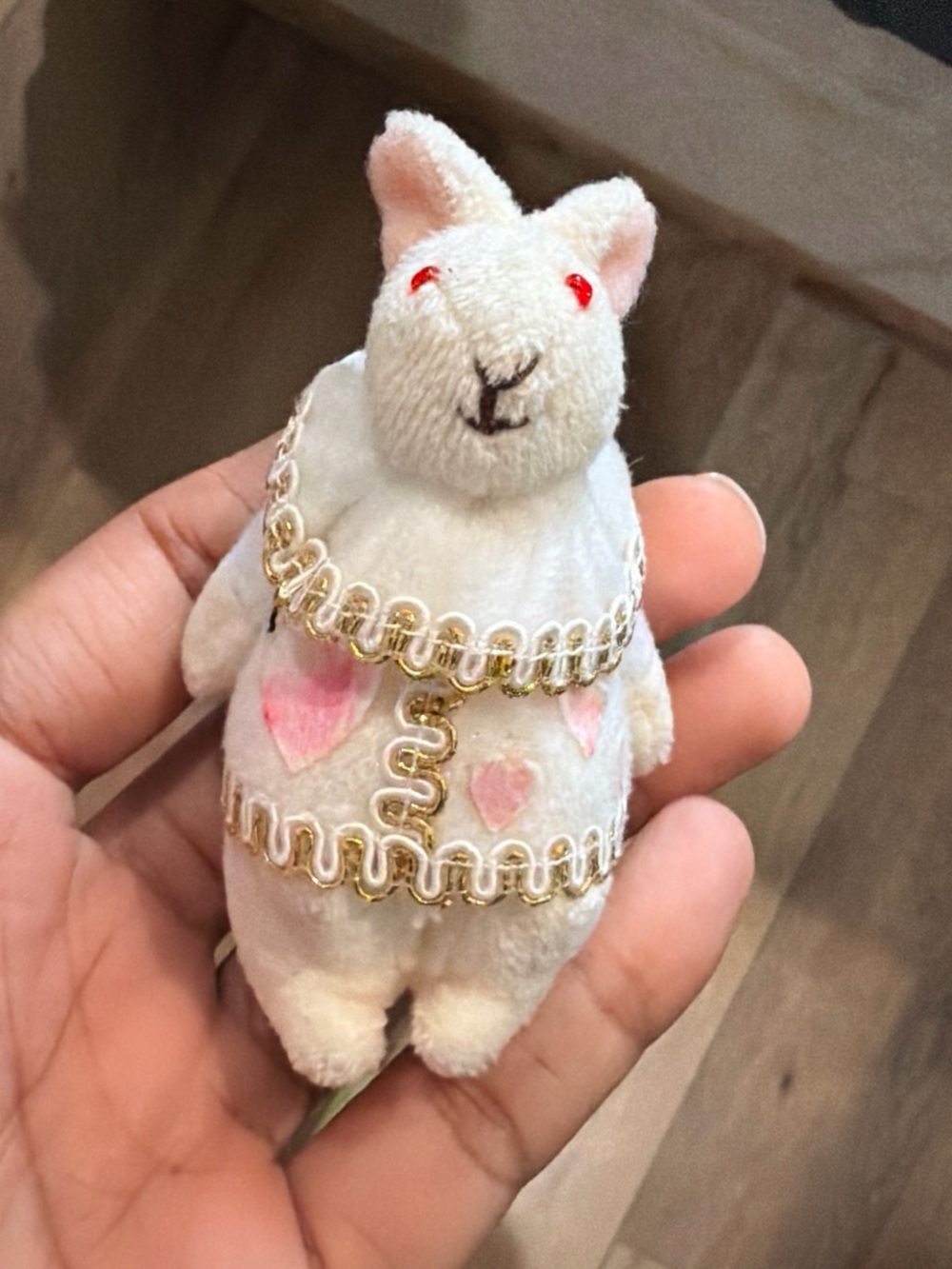 Handheld White Plush Bunny Ornament with Pink Hearts and Gold Trim